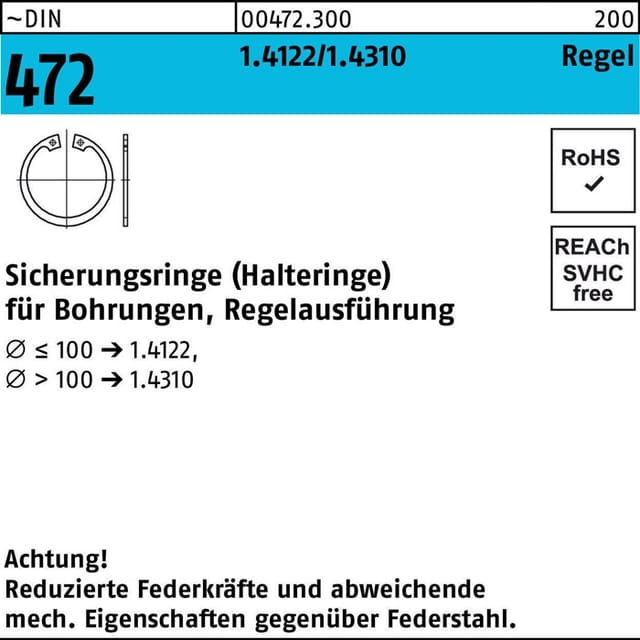 Sicherungsringe für Bohrungen, DIN 472 Edelstahl 1.4122 ø22 x 1mm
