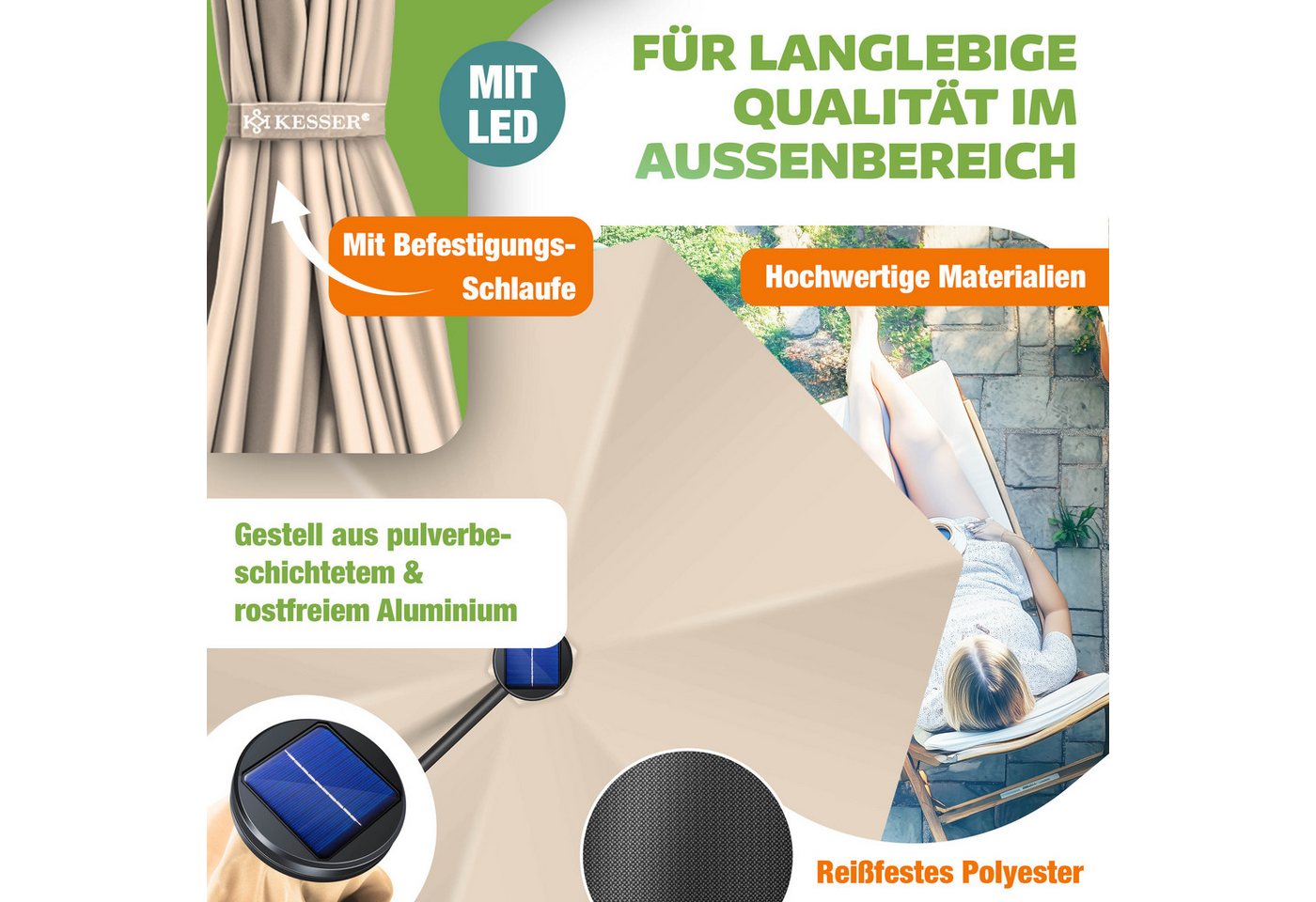 Alu Ampelschirm Led Solar + Abdeckung Mit Kurbelvorrichtung Uv-schutz Aluminium Mit An-/ausschalter Wasserabweisend – Sonnen-schirm 300cm / Beige - Kesser