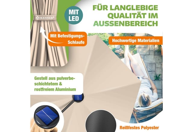 Alu Ampelschirm Led Solar + Abdeckung Mit Kurbelvorrichtung Uv-schutz Aluminium Mit An-/ausschalter Wasserabweisend – Sonnen-schirm 300cm / Beige - Kesser
