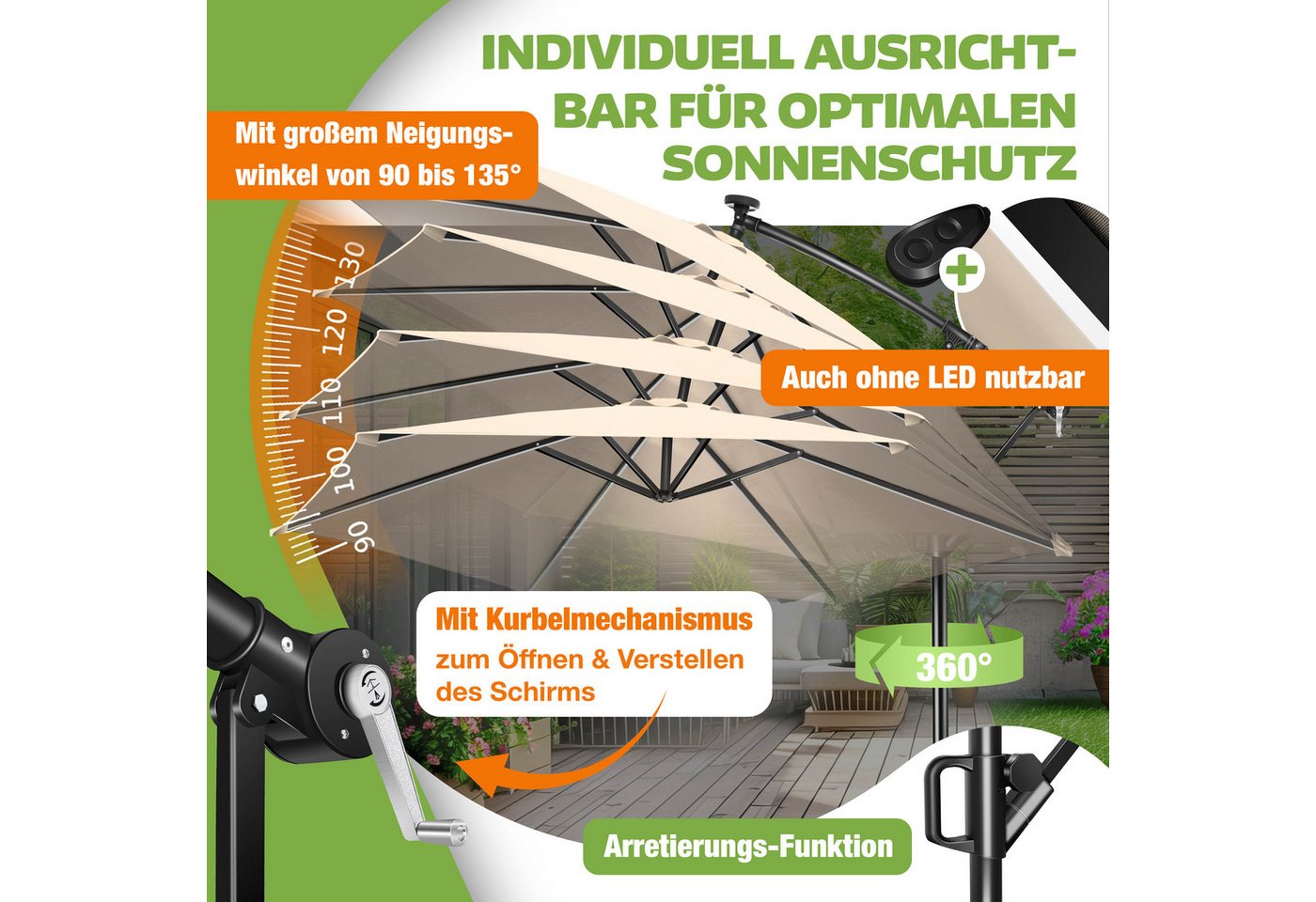 Alu Ampelschirm Led Solar + Abdeckung Mit Kurbelvorrichtung Uv-schutz Aluminium Mit An-/ausschalter Wasserabweisend – Sonnen-schirm 300cm / Beige - Kesser Bild 2