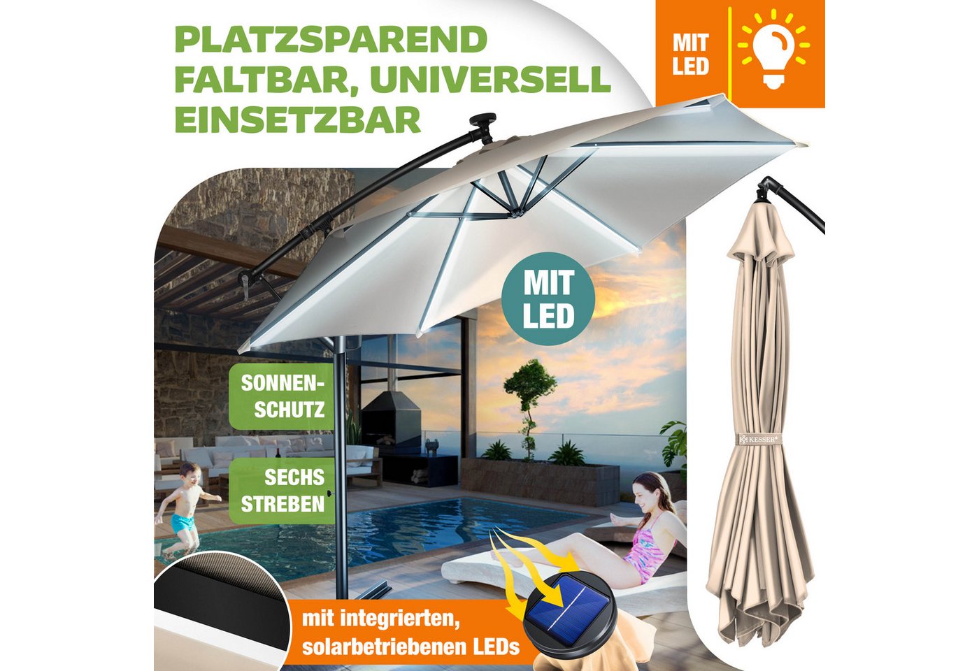 Alu Ampelschirm Led Solar + Abdeckung Mit Kurbelvorrichtung Uv-schutz Aluminium Mit An-/ausschalter Wasserabweisend – Sonnen-schirm 300cm / Beige - Kesser Bild 3