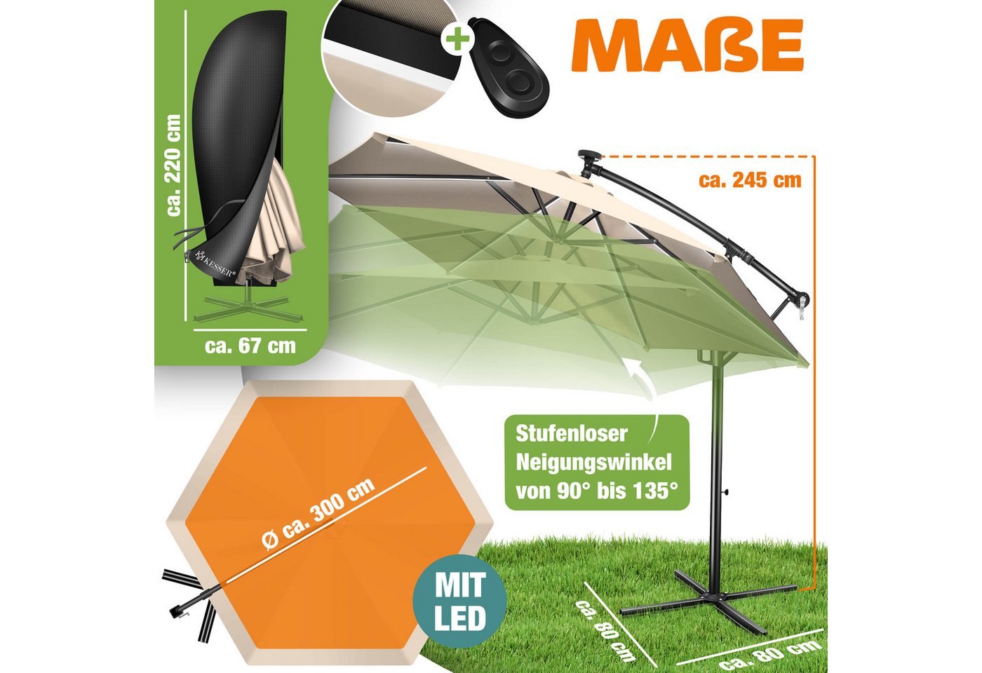 Alu Ampelschirm Led Solar + Abdeckung Mit Kurbelvorrichtung Uv-schutz Aluminium Mit An-/ausschalter Wasserabweisend – Sonnen-schirm 300cm / Beige - Kesser Bild 4