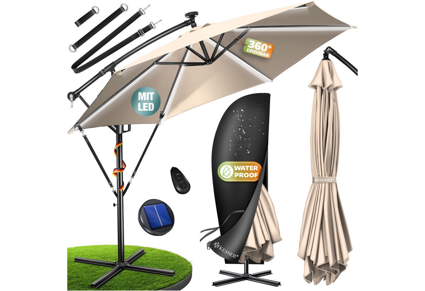 Alu Ampelschirm Led Solar + Abdeckung Mit Kurbelvorrichtung Uv-schutz Aluminium Mit An-/ausschalter Wasserabweisend – Sonnen-schirm 300cm / Beige - Kesser Bild 5