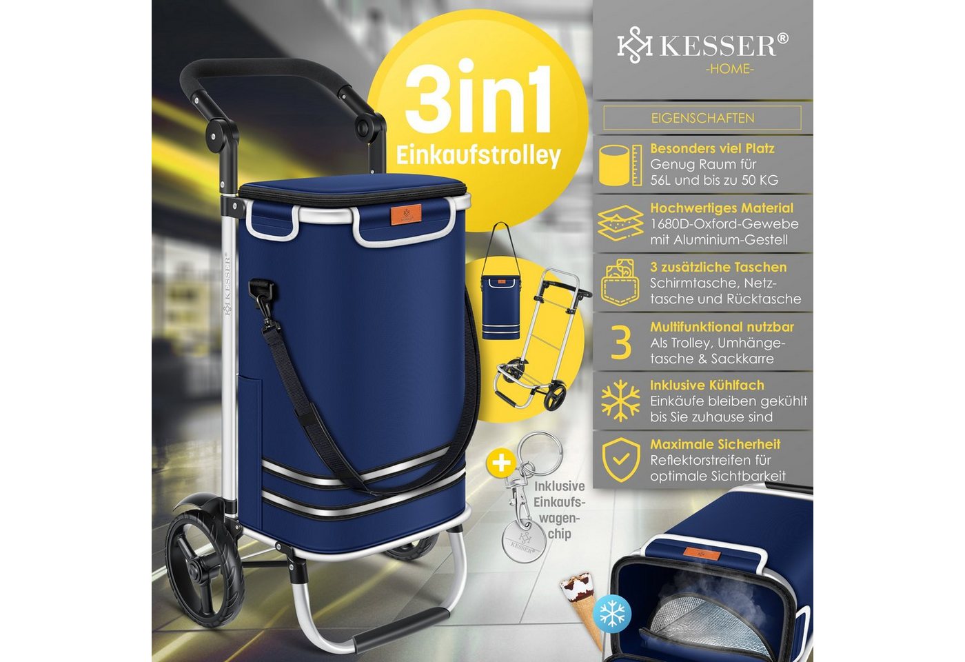 Kesser® Einkaufstrolley Klappbar 56l Bis 50kg, 3in1 Sackkarre & Umhängetasche – Einkaufstrolley