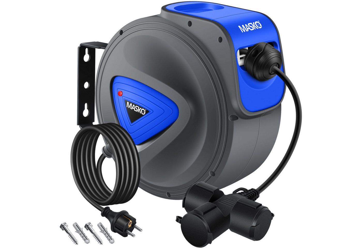 Masko® Automatik Kabeltrommel Verlängerungskabel 3-fach 1,5m, 180° Drehbar – 20m / Anthrazit / Blau