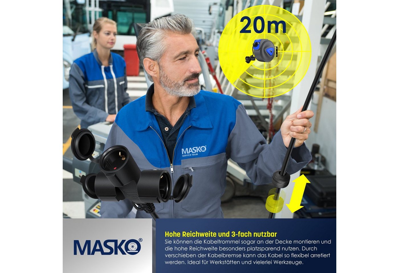 Masko® Automatik Kabeltrommel Verlängerungskabel 3-fach 1,5m, 180° Drehbar – 20m / Anthrazit / Blau Bild 2