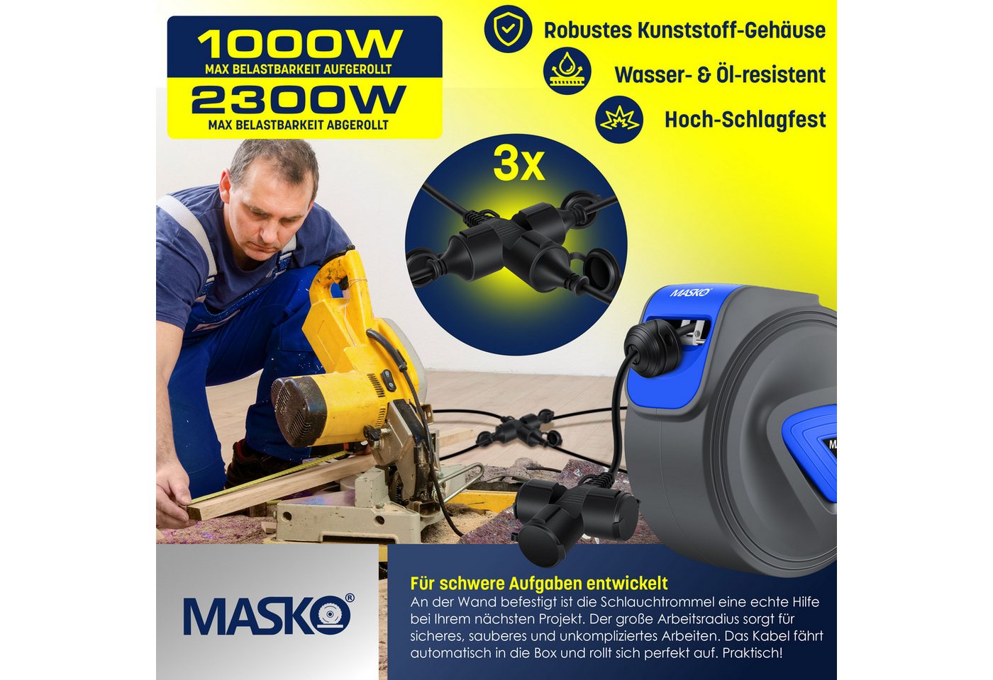 Masko® Automatik Kabeltrommel Verlängerungskabel 3-fach 1,5m, 180° Drehbar – 20m / Anthrazit / Blau Bild 3