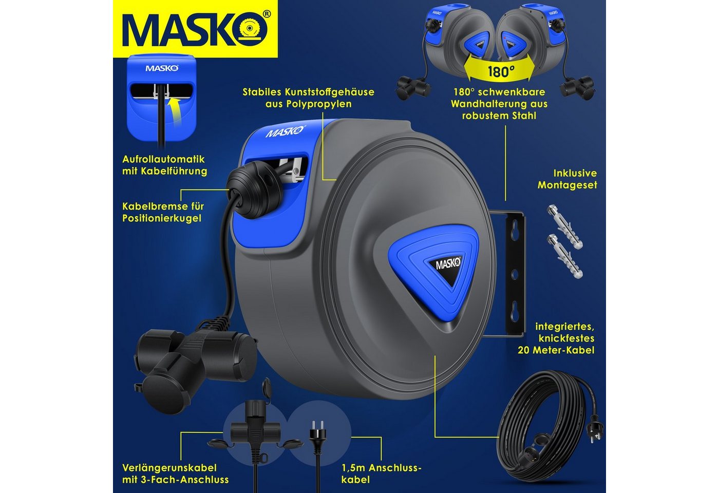 Masko® Automatik Kabeltrommel Verlängerungskabel 3-fach 1,5m, 180° Drehbar – 20m / Anthrazit / Blau Bild 4