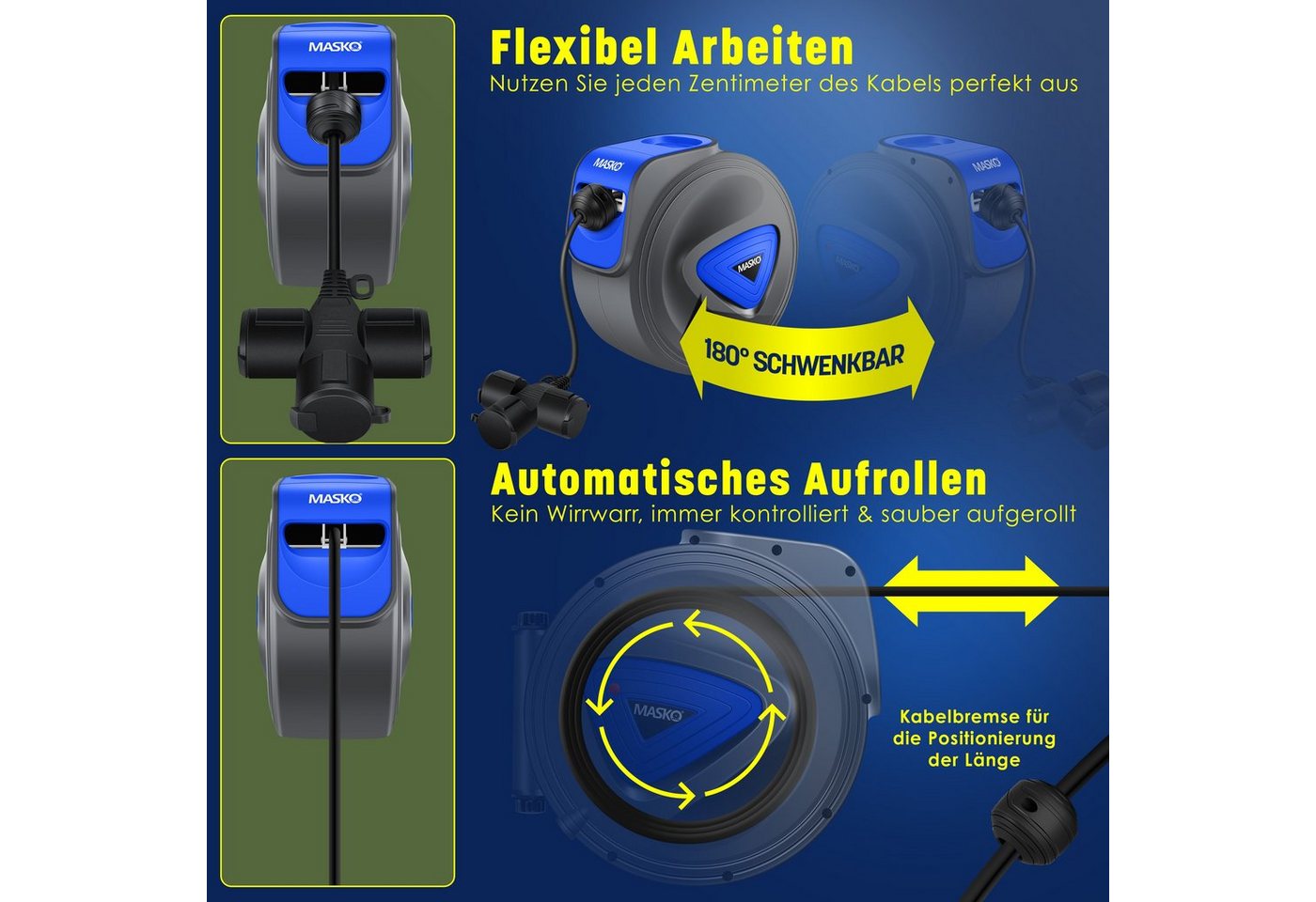 Masko® Automatik Kabeltrommel Verlängerungskabel 3-fach 1,5m, 180° Drehbar – 20m / Anthrazit / Blau Bild 5