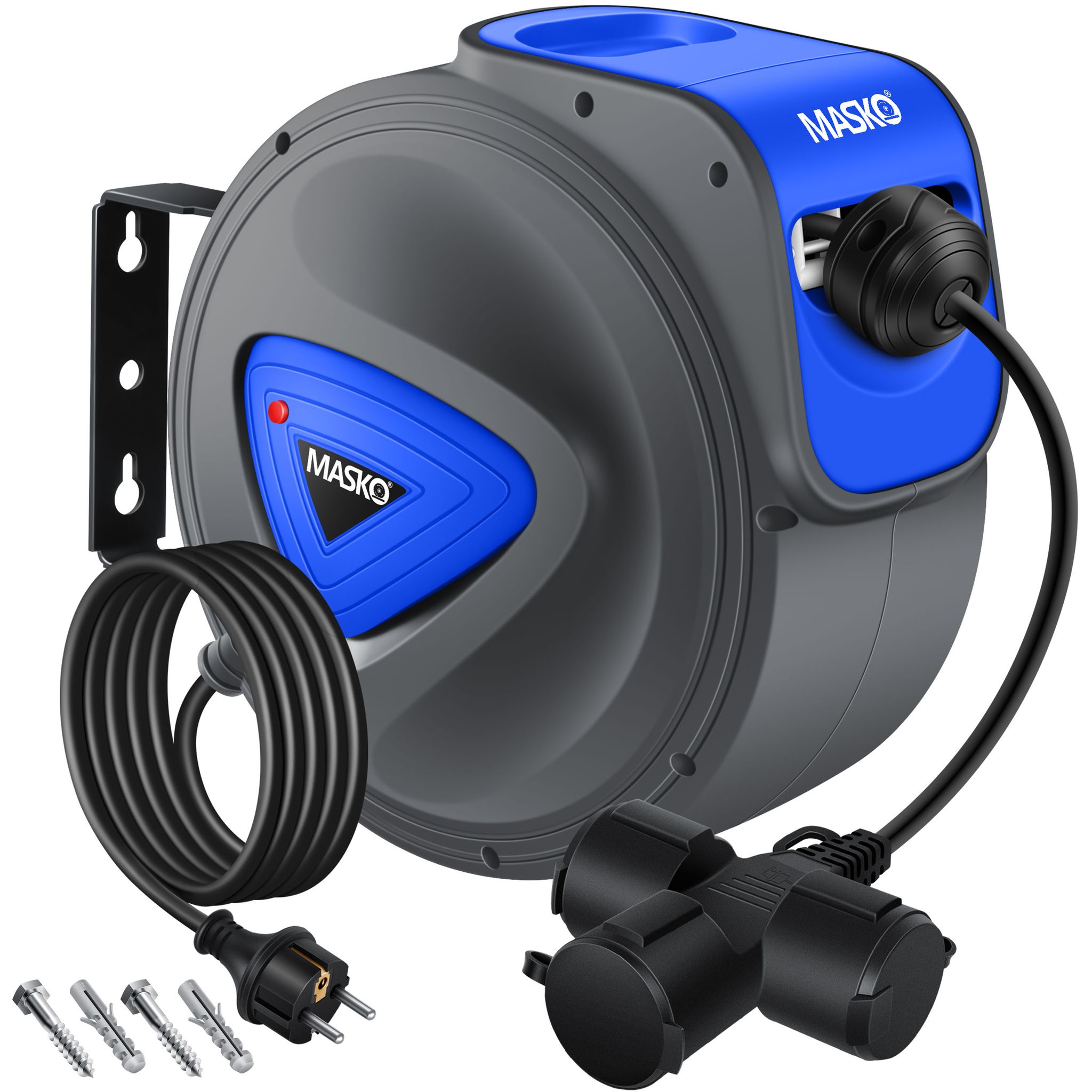 Masko® Automatik Kabeltrommel Verlängerungskabel 3-fach 1,5m, 180° Drehbar – 15m / Anthrazit / Blau