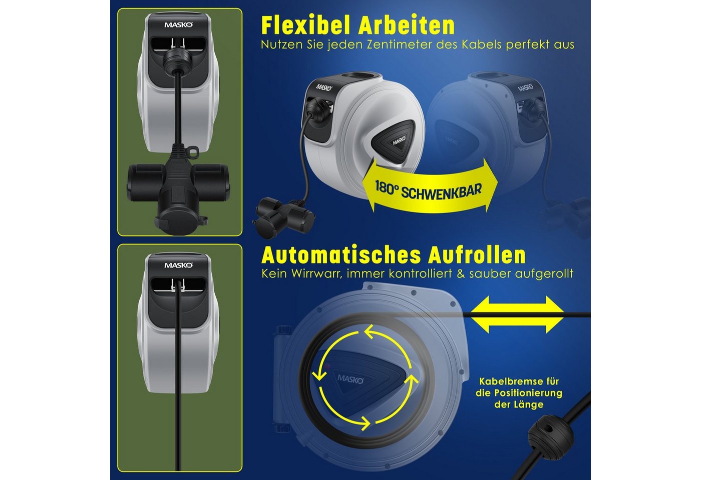 Masko® Automatik Kabeltrommel Verlängerungskabel 3-fach 1,5m, 180° Drehbar – 10m / Grau / Schwarz