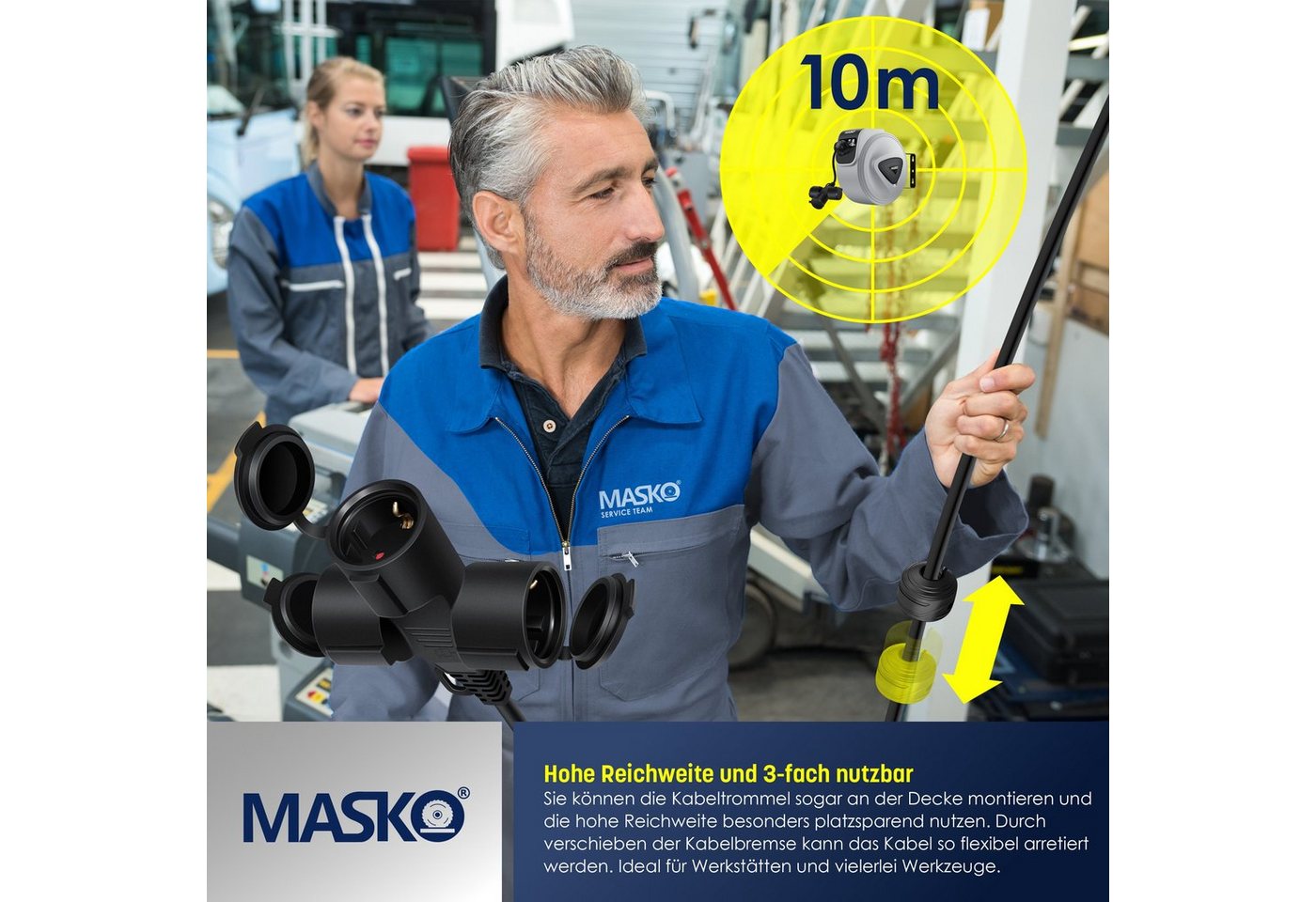 Masko® Automatik Kabeltrommel Verlängerungskabel 3-fach 1,5m, 180° Drehbar – 10m / Grau / Schwarz Bild 2