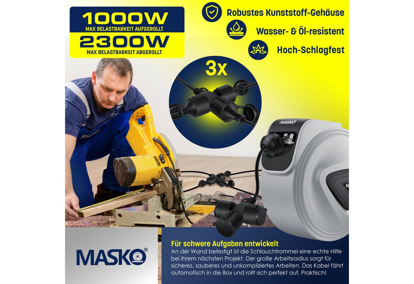 Masko® Automatik Kabeltrommel Verlängerungskabel 3-fach 1,5m, 180° Drehbar – 10m / Grau / Schwarz Bild 3