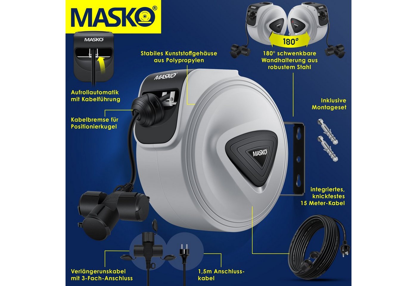 Masko® Automatik Kabeltrommel Verlängerungskabel 3-fach 1,5m, 180° Drehbar – 15m / Grau / Schwarz