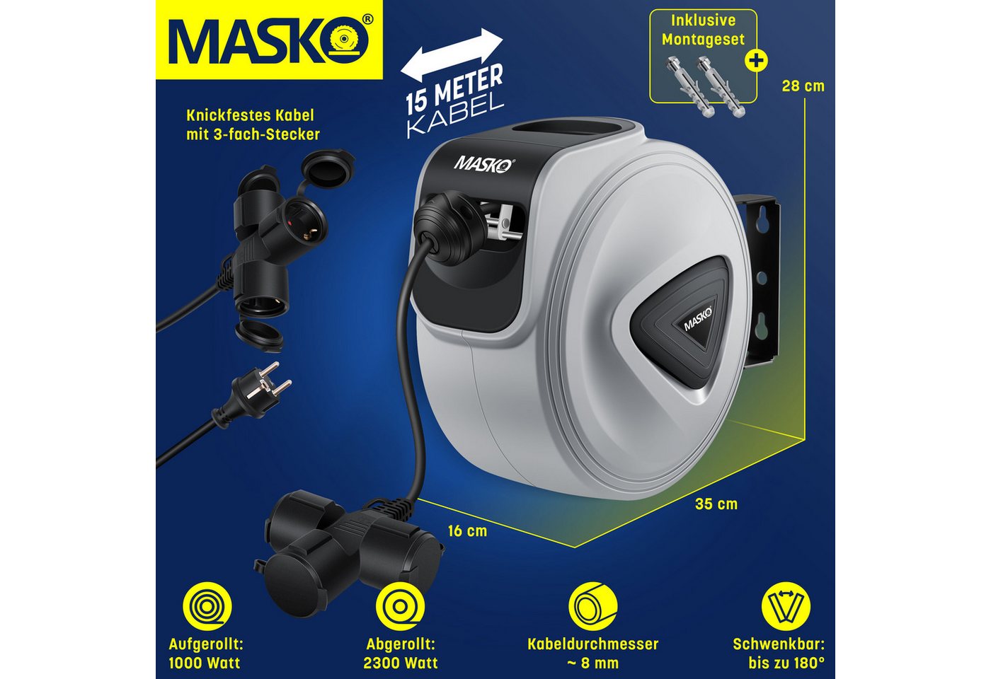 Masko® Automatik Kabeltrommel Verlängerungskabel 3-fach 1,5m, 180° Drehbar – 15m / Grau / Schwarz Bild 4