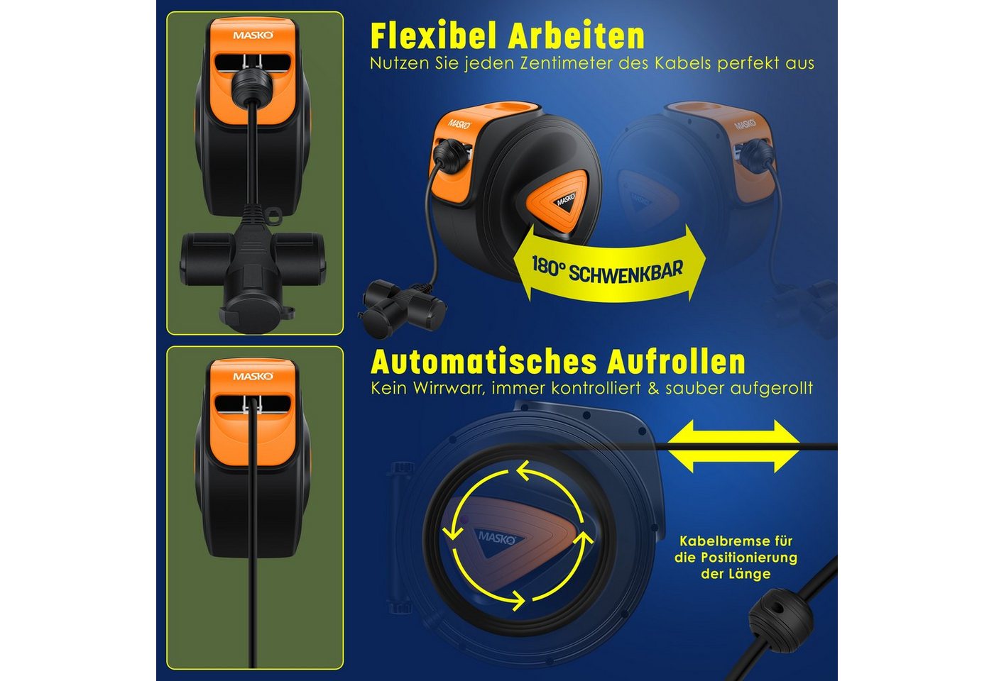 Masko® Automatik Kabeltrommel Verlängerungskabel 3-fach 1,5m, 180° Drehbar – 20m / Schwarz / Orange