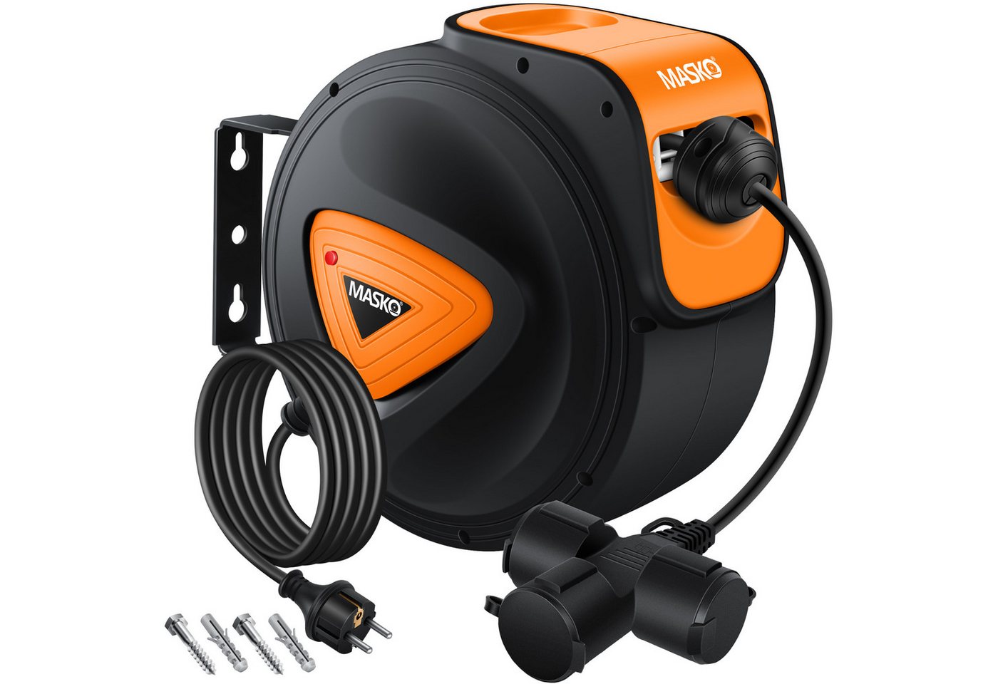 Masko® Automatik Kabeltrommel Verlängerungskabel 3-fach 1,5m, 180° Drehbar – 20m / Schwarz / Orange Bild 2