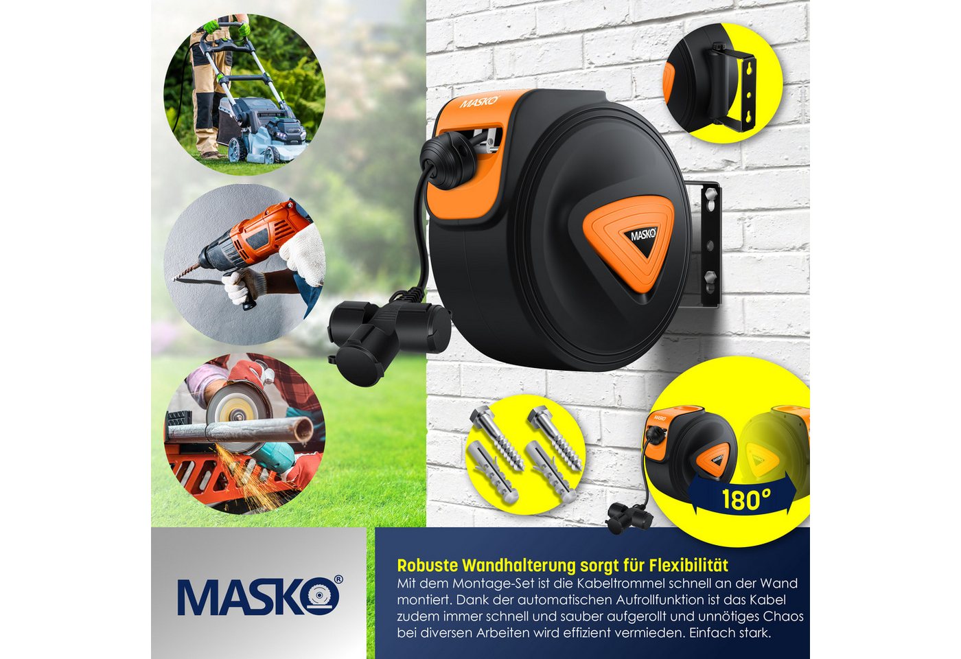 Masko® Automatik Kabeltrommel Verlängerungskabel 3-fach 1,5m, 180° Drehbar – 20m / Schwarz / Orange Bild 3