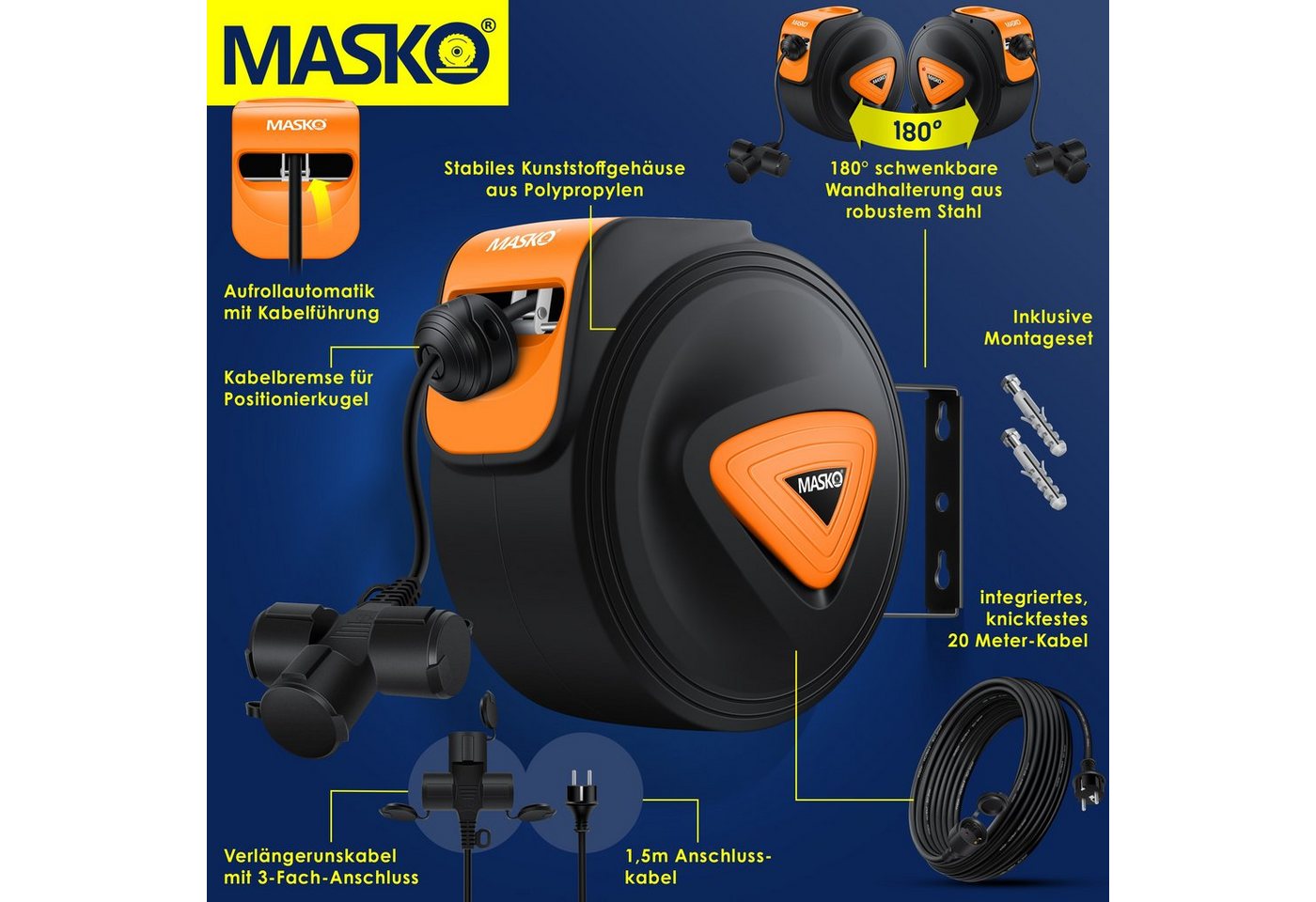 Masko® Automatik Kabeltrommel Verlängerungskabel 3-fach 1,5m, 180° Drehbar – 20m / Schwarz / Orange Bild 4