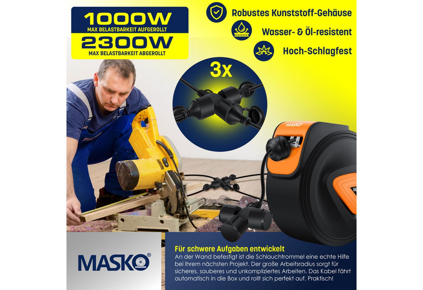 Masko® Automatik Kabeltrommel Verlängerungskabel 3-fach 1,5m, 180° Drehbar – 20m / Schwarz / Orange Bild 5