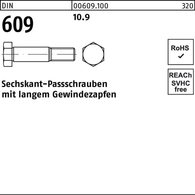 Sechskant-Paßschraube mit Gewindezapfen DIN 609 Stahl 10.9 M16 x 55mm