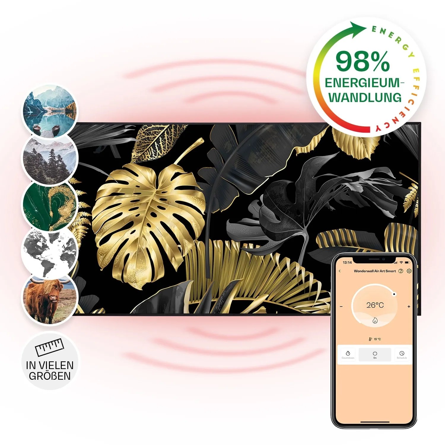 Klarstein Wonderwall Air Art Smart Infrarotheizung Wandinstallation App-Steuerung Motiv Schwarzes Blatt 120x60 cm 700 W Schwarz