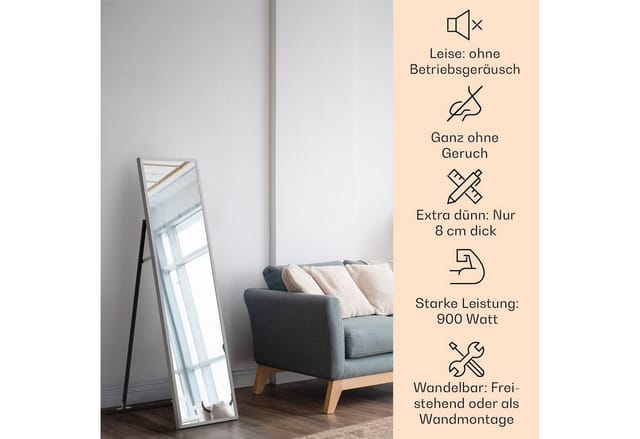 Klarstein La Palma 900 Smart Infrarotstrahler Konvektor 40x160 cm 900 W Spiegel Standfuß Verspiegeltes Glas