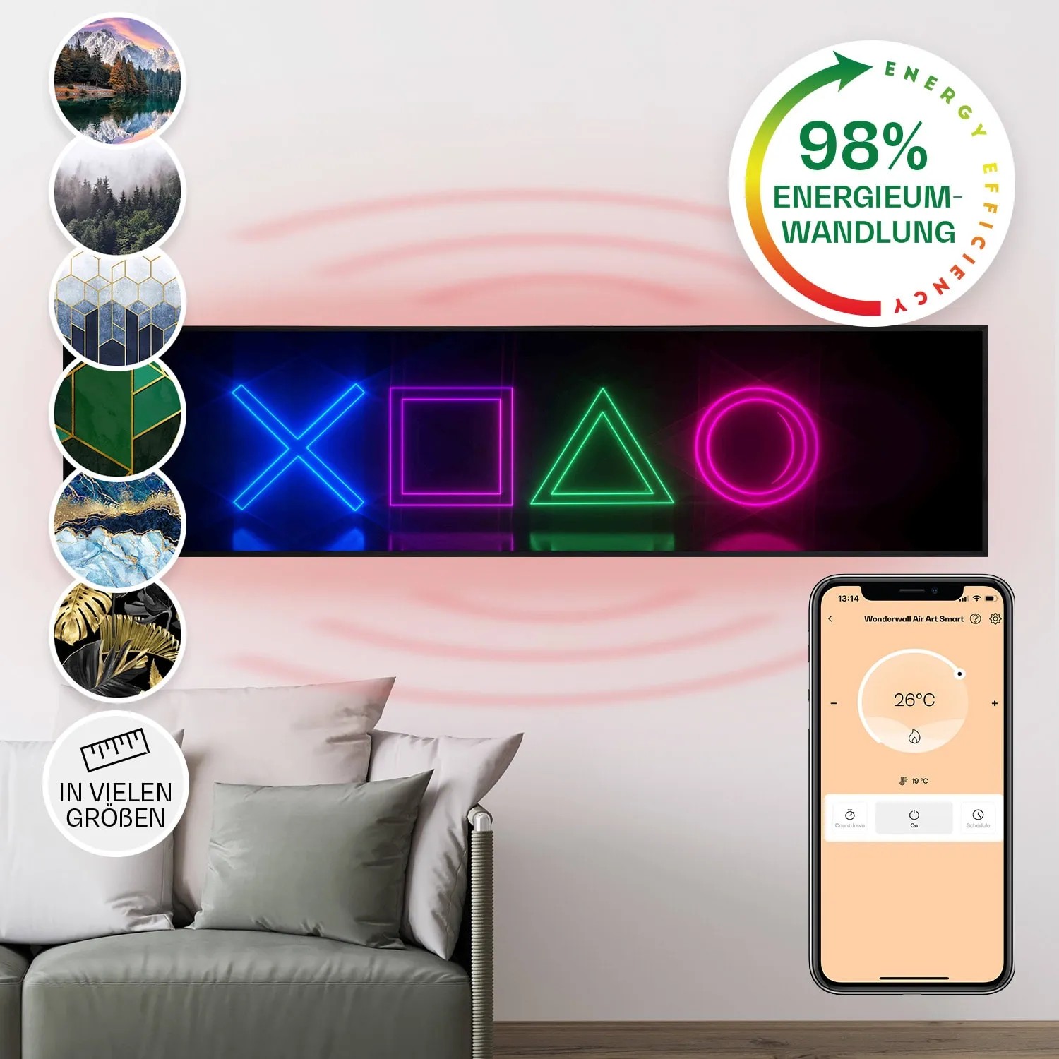 Klarstein Wonderwall Air Art Smart Infrarotheizung Wandinstallation App-Steuerung Motiv Spiel 120x30 cm 350 W Schwarz