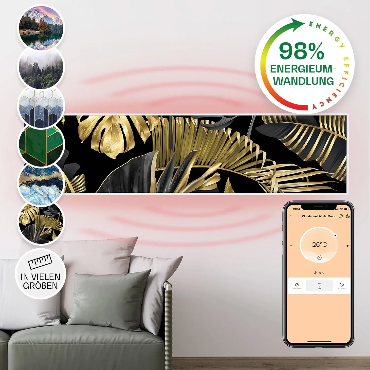 Klarstein Wonderwall Air Art Smart Infrarotheizung Wandinstallation App-Steuerung Motiv Schwarze Blume 120x30 cm 350 W Weiß