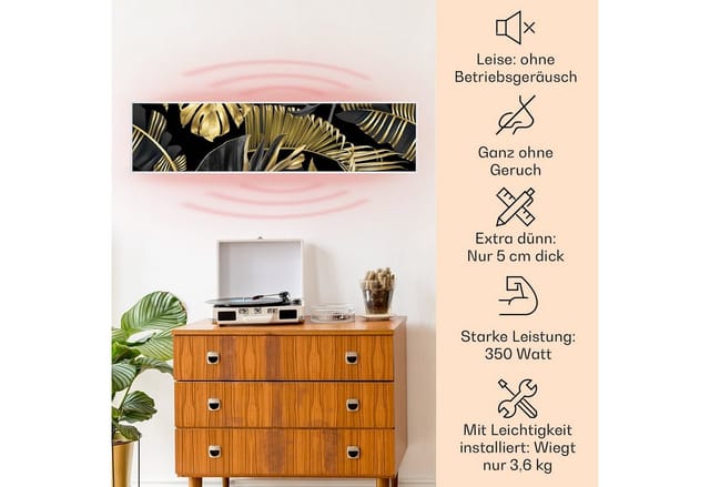 Klarstein Wonderwall Air Art Smart Infrarotheizung Wandinstallation App-Steuerung Motiv Schwarze Blume 120x30 cm 350 W Weiß