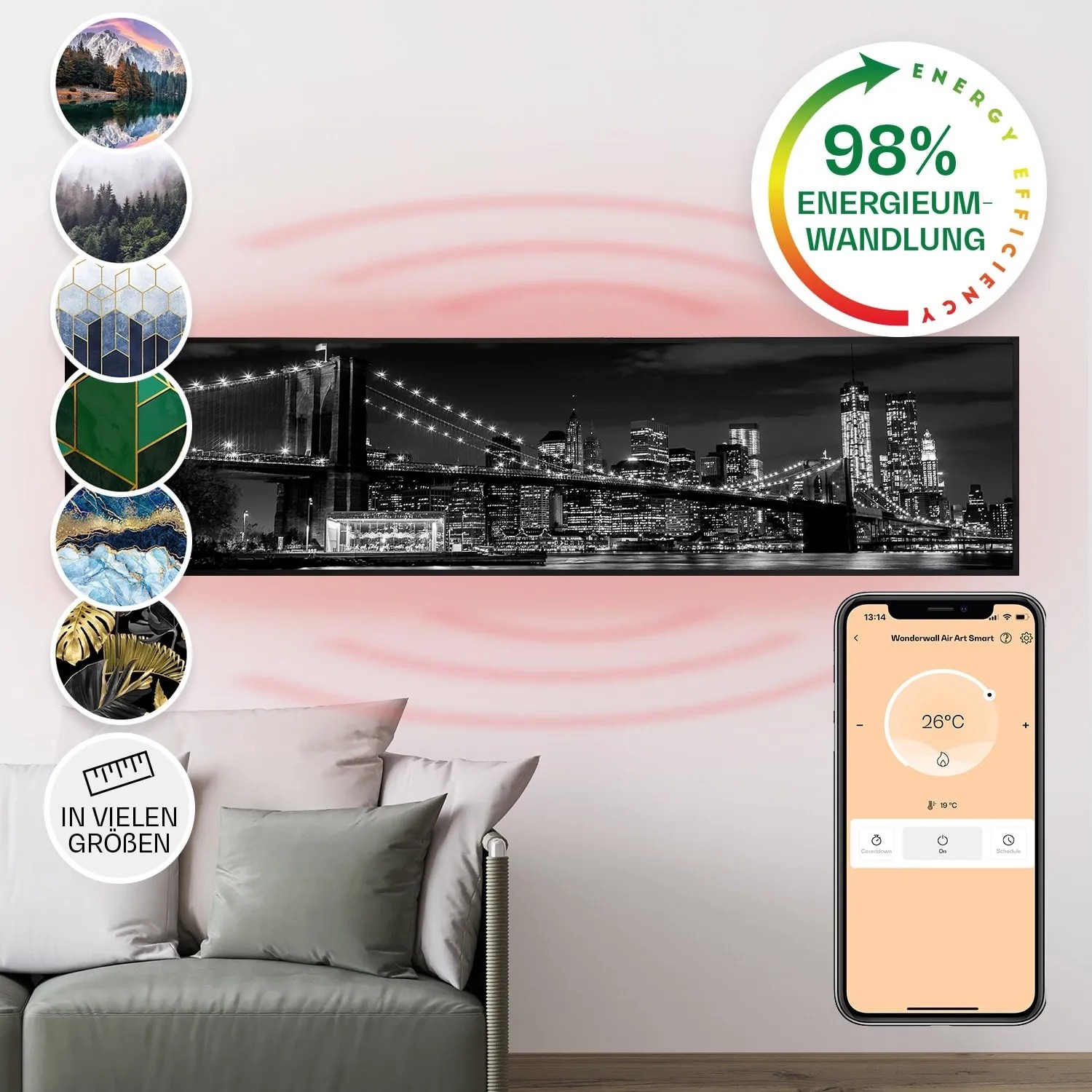 Klarstein Wonderwall Air Art Smart Infrarotheizung Wandinstallation App-Steuerung Motiv Brücke 120x30 cm 350 W Schwarz
