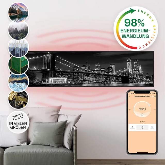 Klarstein Wonderwall Air Art Smart Infrarotheizung Wandinstallation App-Steuerung Motiv Brücke 120x30 cm 350 W Schwarz