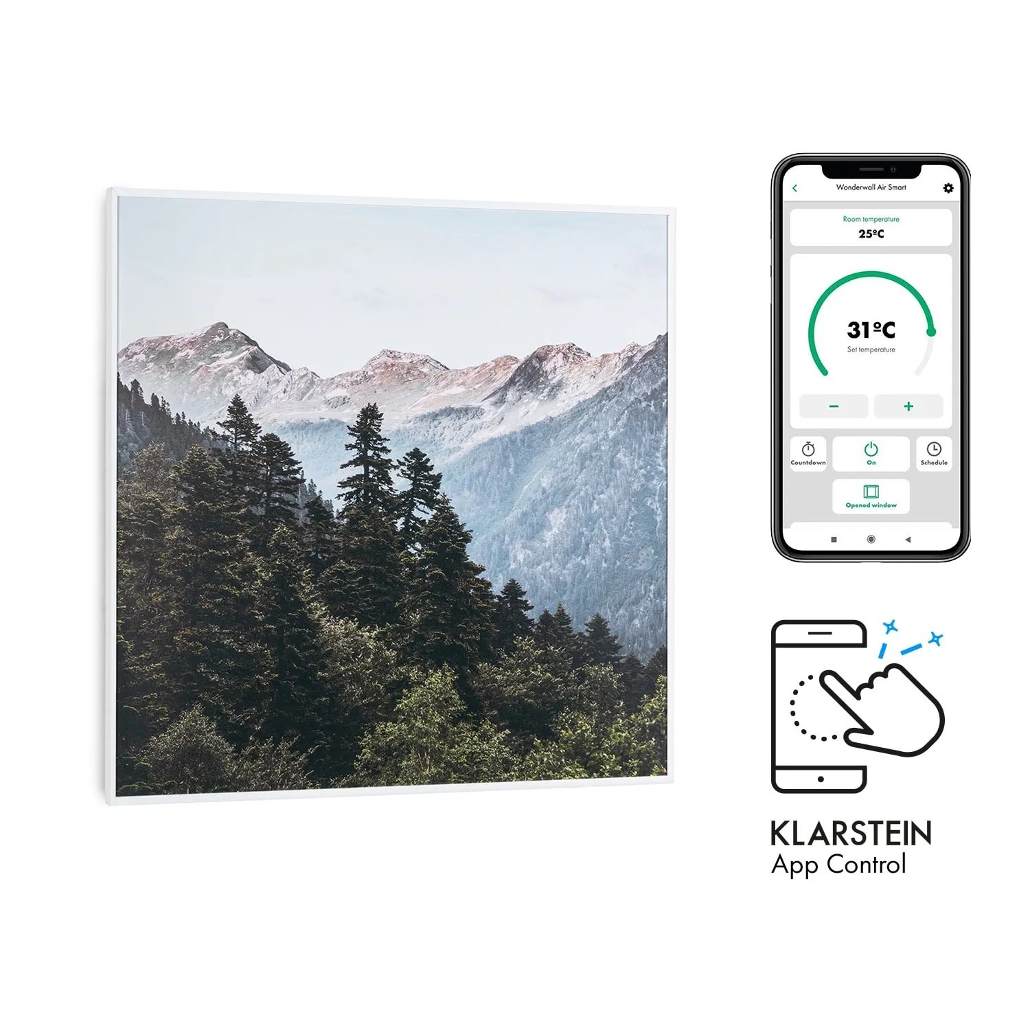 Klarstein Wonderwall Air Art Smart Infrarotheizung 60x60 cm 350 W Wandinstallation App-Steuerung Motiv Berge Weiß