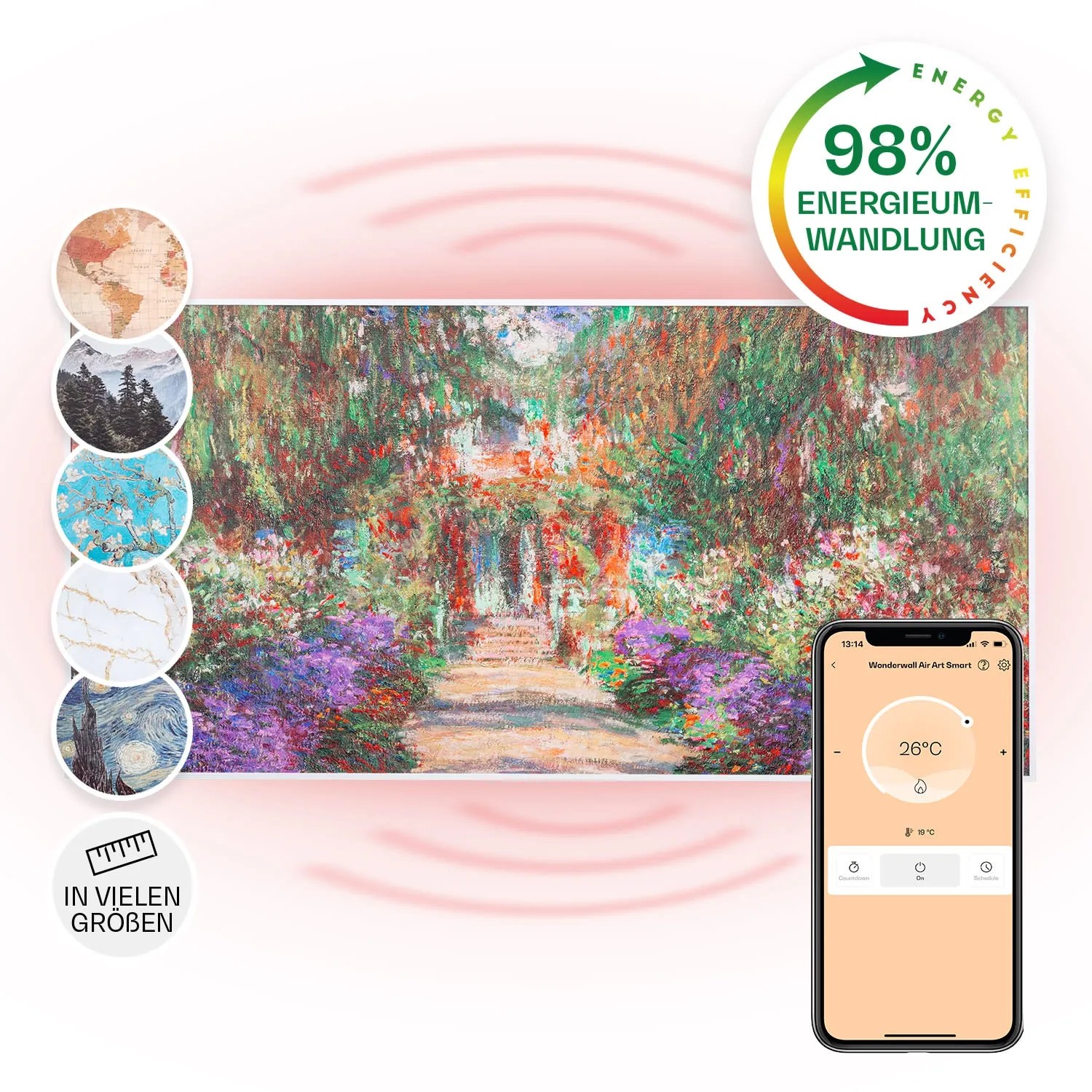 Klarstein Wonderwall Air Art Smart Infrarotheizung 120x60 cm 700 W Wandinstallation App-Steuerung Motiv Gartenweg Weiß