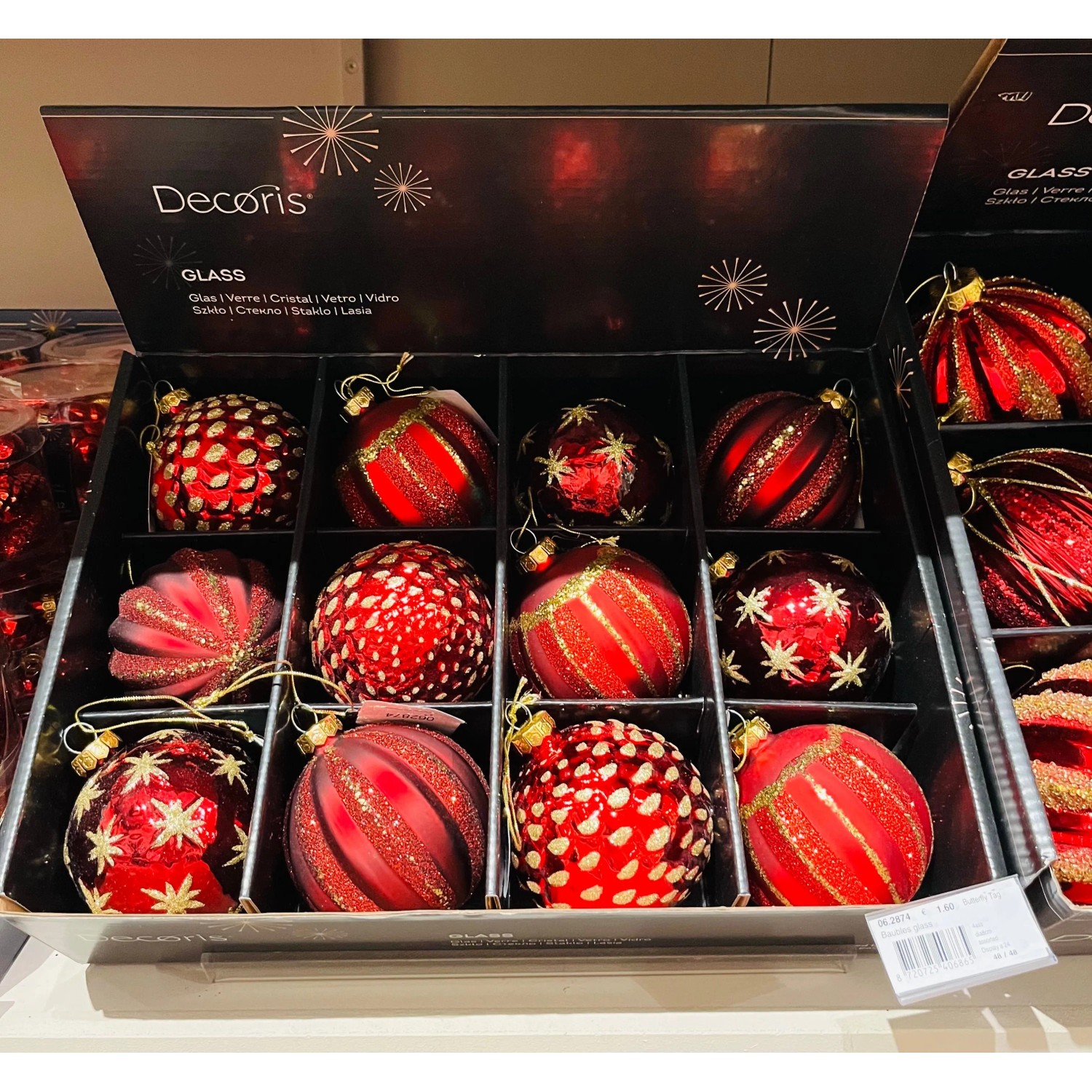 Decoris Weihnachtskugeln Glas Dekoriert Ø 8 cm Rotfarben 4-teilig