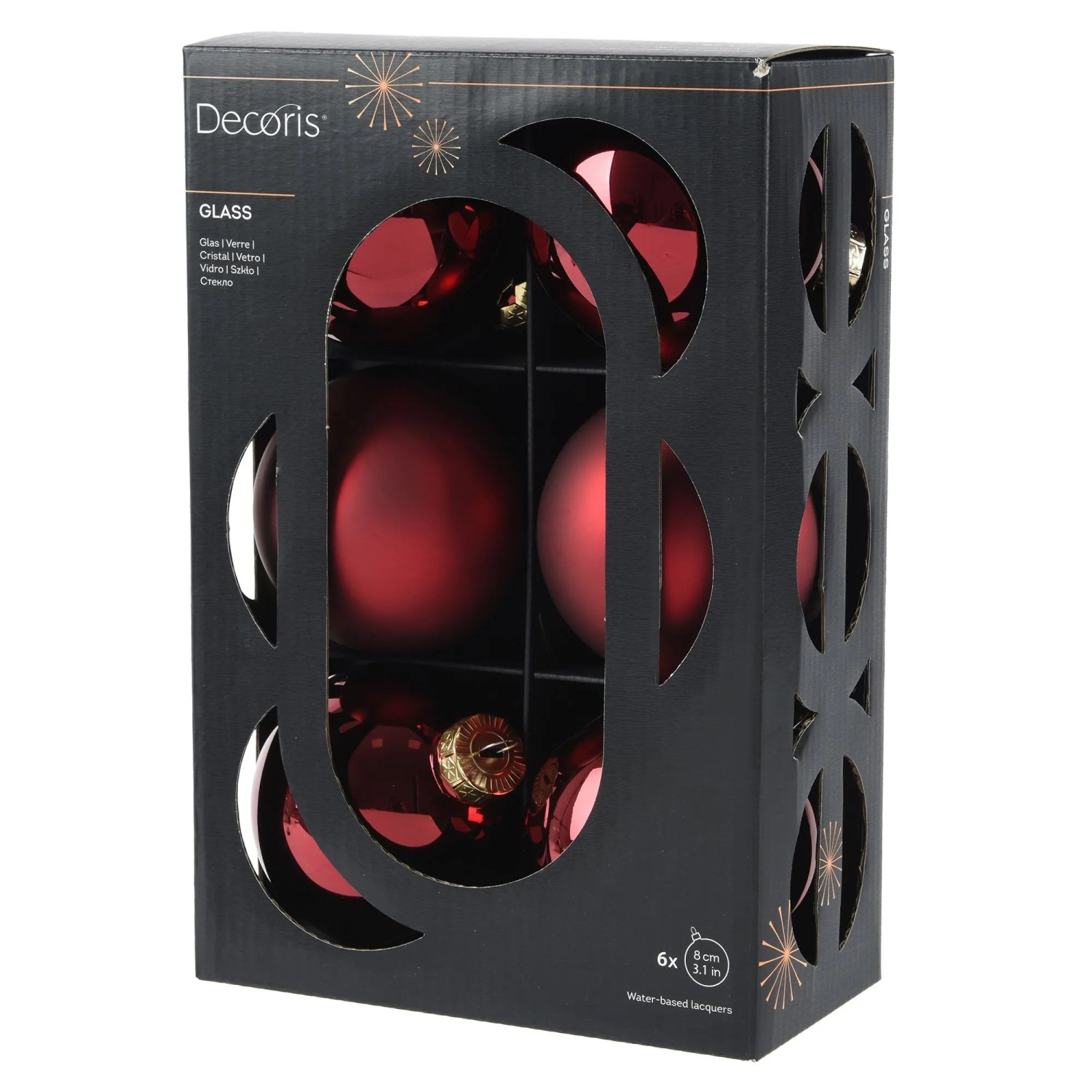 Decoris Weihnachtskugeln Glas Ø 8 cm Rot Mix 6-teilig