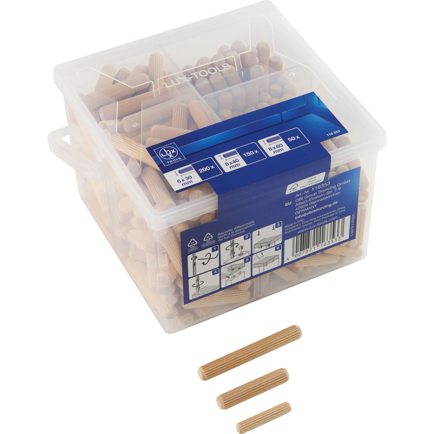 LUX-TOOLS Holzdübel-Set im Eimer 375-teilig