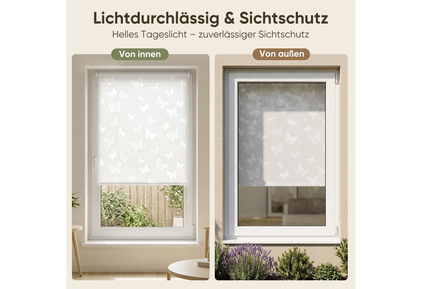 Sekey Rollo Seitenzugrollo ohne Bohren Blickdicht Sichtschutzrollo Schmetterling Weiss 40x130cm