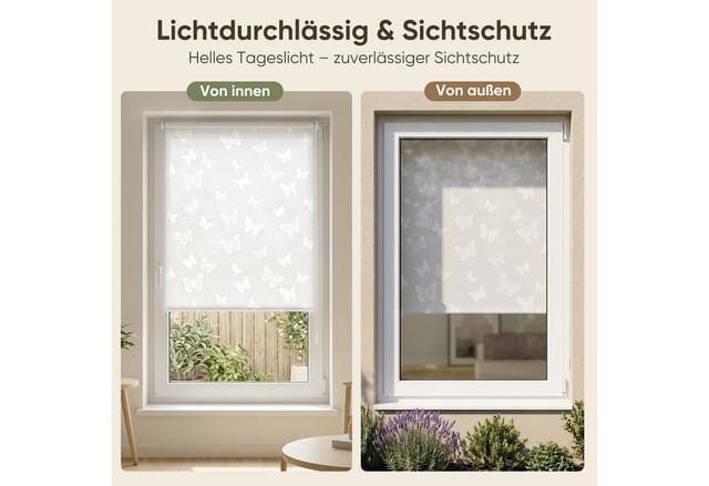 Sekey Rollo Seitenzugrollo ohne Bohren Blickdicht Sichtschutzrollo Schmetterling Weiss 40x130cm