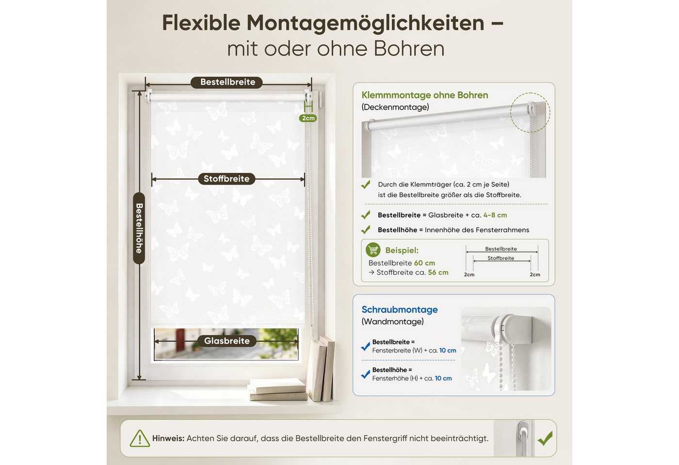 Sekey Rollo Seitenzugrollo ohne Bohren Blickdicht Sichtschutzrollo Schmetterling Weiss 40x130cm Bild 2