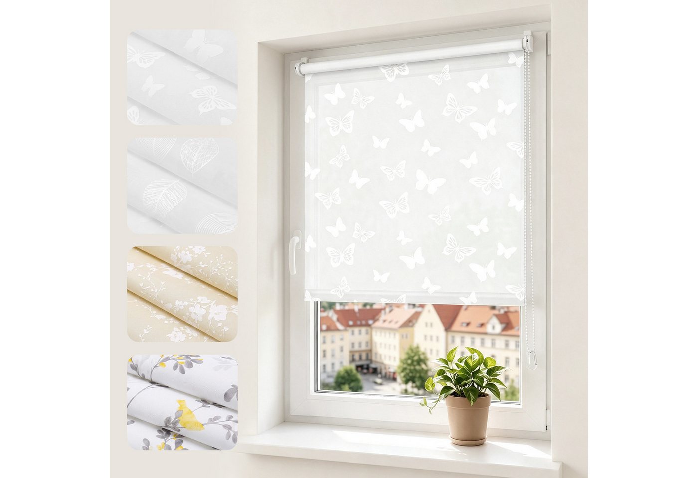 Sekey Rollo Seitenzugrollo ohne Bohren Blickdicht Sichtschutzrollo Schmetterling Weiss 40x130cm Bild 3