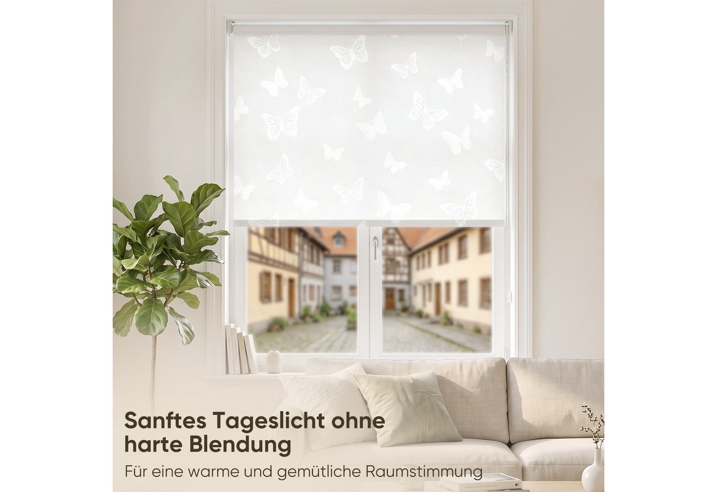 Sekey Rollo Seitenzugrollo ohne Bohren Blickdicht Sichtschutzrollo Schmetterling Weiss 40x130cm Bild 4