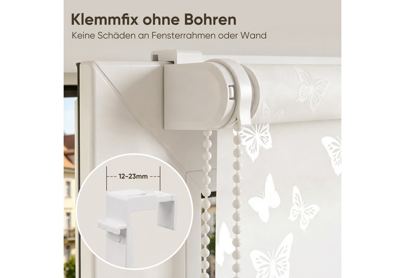 Sekey Rollo Seitenzugrollo ohne Bohren Blickdicht Sichtschutzrollo Schmetterling Weiss 40x130cm Bild 5