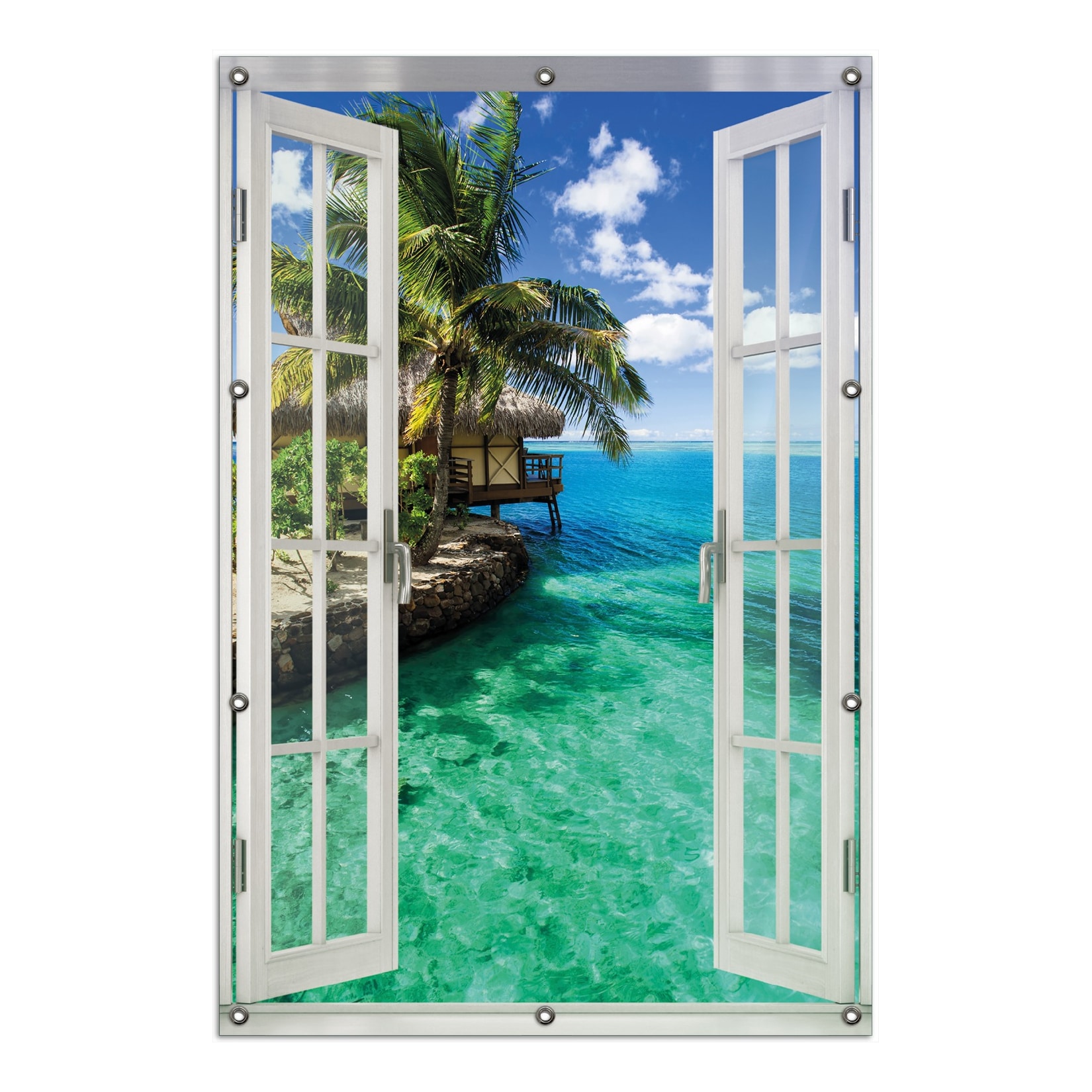 Wallario Gartenposter ca. 80 x 120 cm Fenster-Illusion Karibisches Meer ? Einsame Hütte unter Palmen