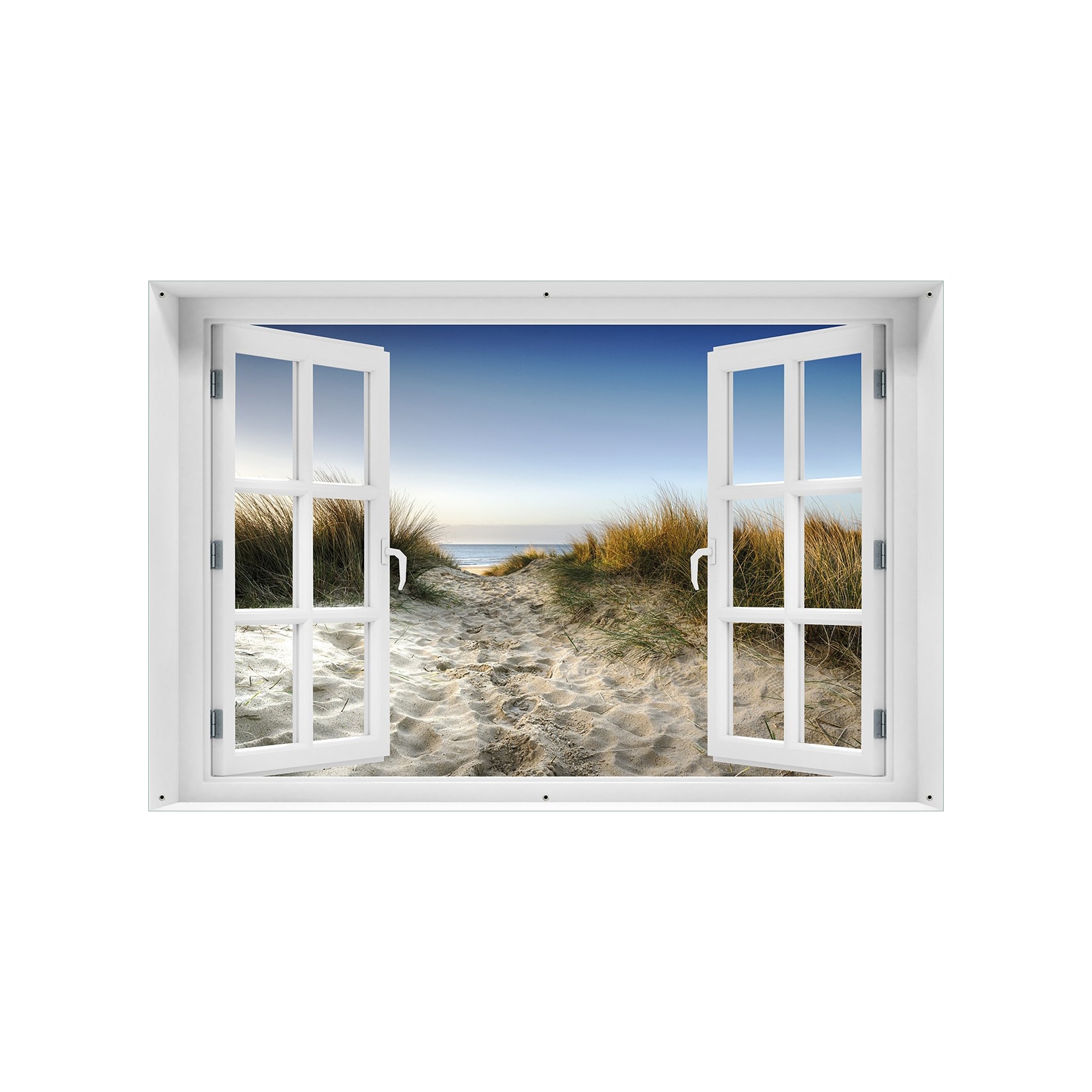 Wallario Gartenposter ca. 100 x 150 cm mit Fenster-Illusion Weg durch die Dünen zum Strand am Meer