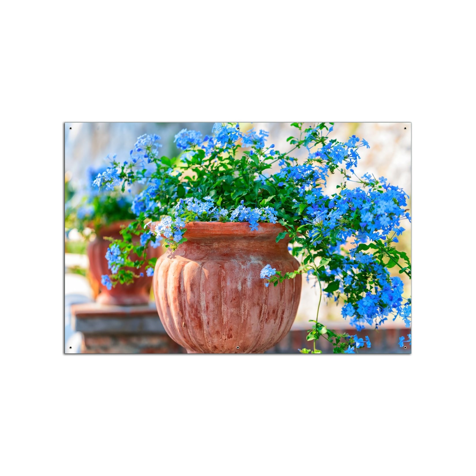 Wallario Gartenposter ca. 80 x 120 cm Blaue Blumen in einer Steinvase
