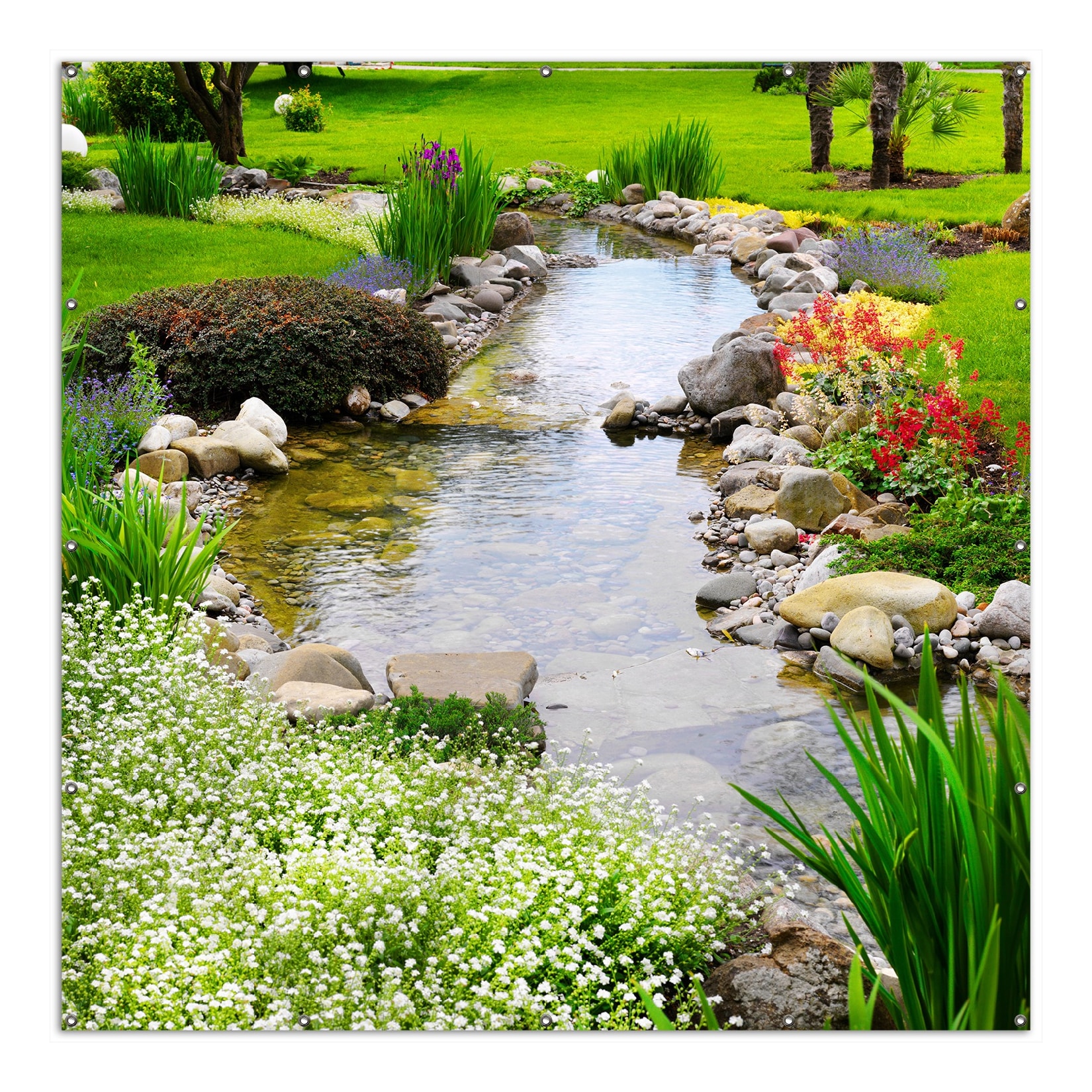 Wallario Gartenposter Rund, 120 cm Durchmesser Blumen am Teich