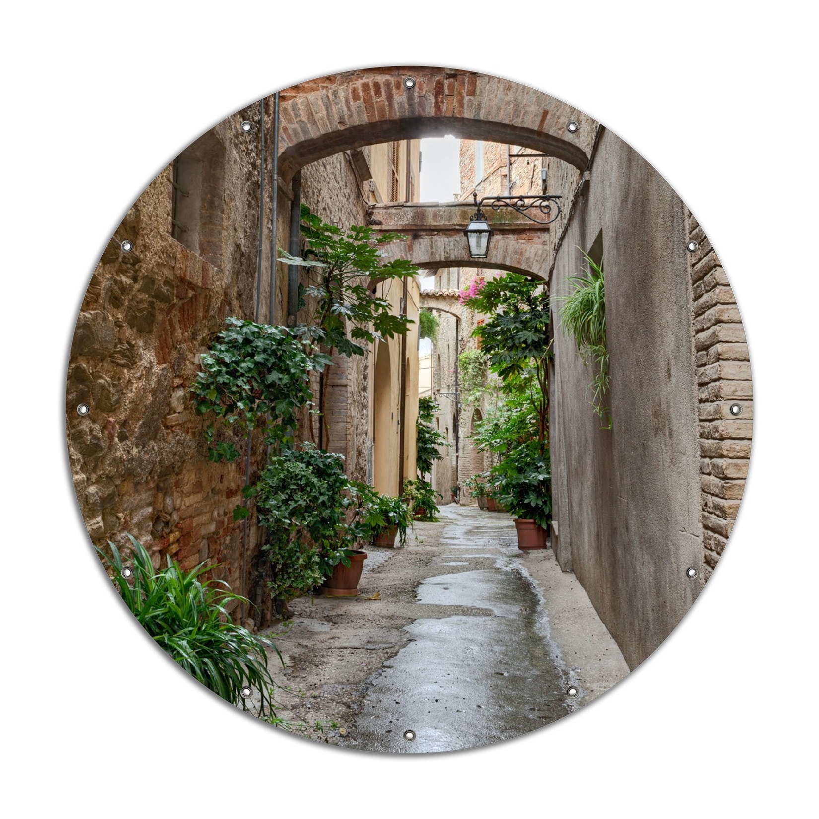 Wallario Gartenposter ca. 180 x 180cm, 2-teilig Grüne italienische Gasse - mit alten Bögen