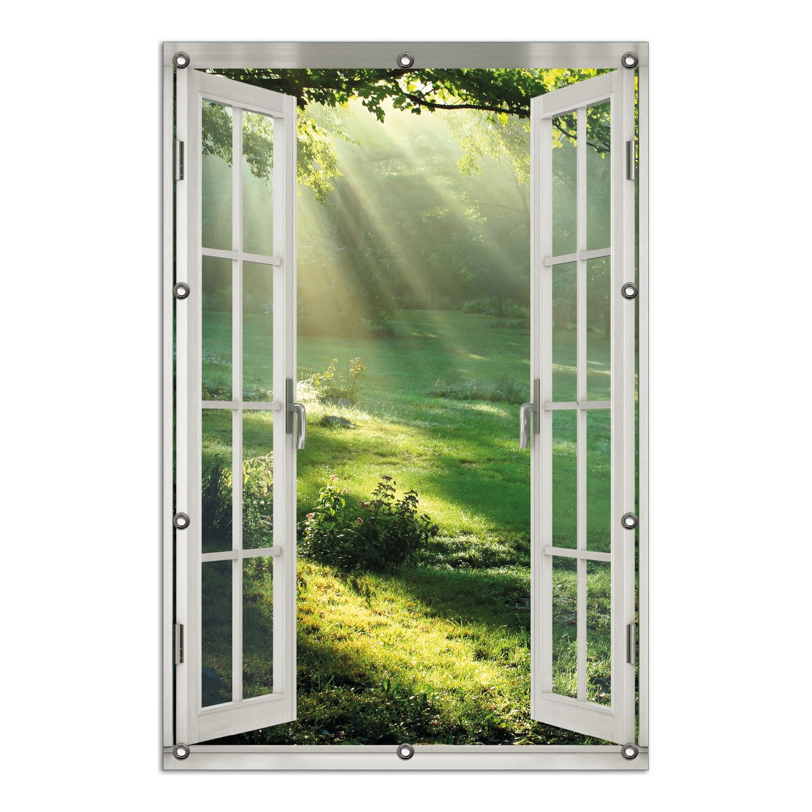 Wallario Gartenposter ca. 80 x 120 cm Fenster-Illusion Sonnenstrahlen im Wald