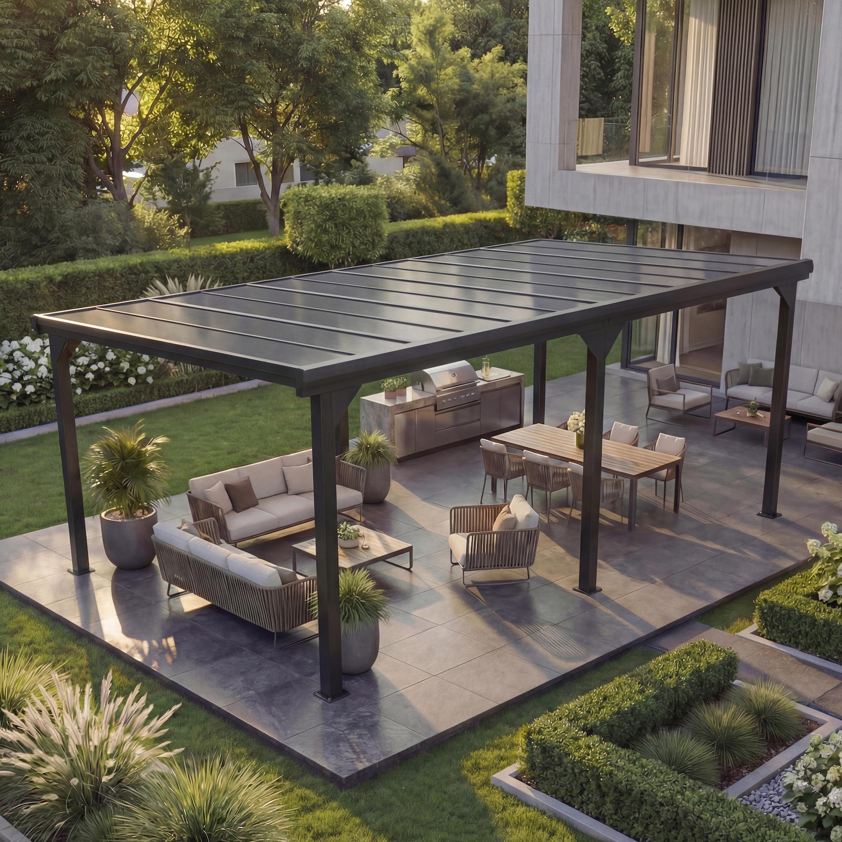 Alu-Pergola MCW-O23, Pavillon Terrassenüberdachung, stabiles 10cm-Gestell Polycarbonat-Dach Regenrinne 3x6m ~ anthrazit